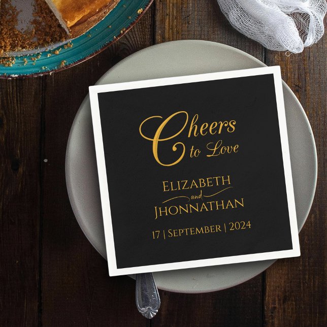Elegant Modern Black & Gold Cheers Script Wedding Napkin (Creator Uploaded)