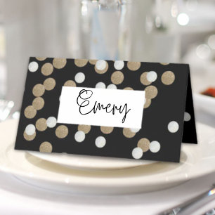 elegant modern Black Gold Confetti Holiday Party Place Card