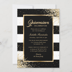 Elegant Modern Black Gold Confetti Quinceañera Invitation