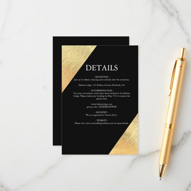 Elegant Modern Black & Gold Foil Wedding Enclosure Card (Front/Back In Situ)