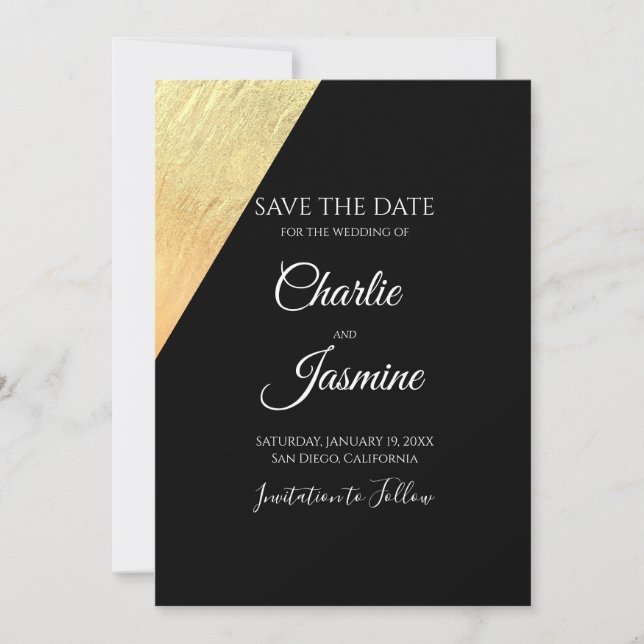 Elegant Modern Black & Gold Foil Wedding Save The Date (Front)