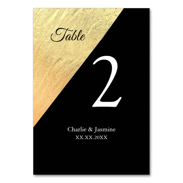 Elegant Modern Black & Gold Foil Wedding Table Number (Front)