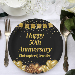 Elegant Modern Black & Gold Happy 50th Anniversary Paper Plate