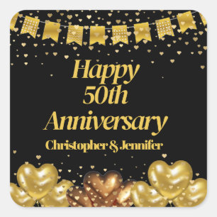 Elegant Modern Black & Gold Happy 50th Anniversary Square Sticker