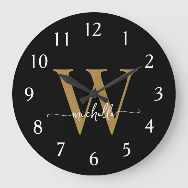 Elegant Modern Black Gold Monogram Name Script Large Clock (Front)