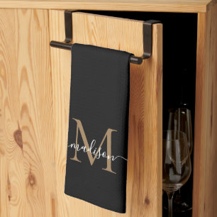 Elegant Modern  Black Gold Monogram Script Name Tea Towel