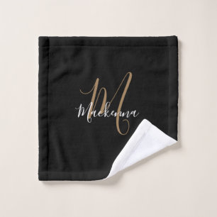 Elegant Modern Black Gold Monogram Script Name Wash Cloth