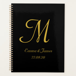 Elegant Modern Black Gold Monogram Script Wedding  Planner