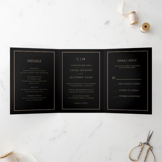 Elegant Modern Black Gold Monogram Simple Wedding Tri-Fold Invitation (Inside)