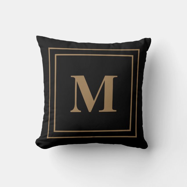 Elegant Modern Black Gold Monogram Throw Pillow (Front)
