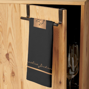 Elegant modern black gold monogrammed tea towel