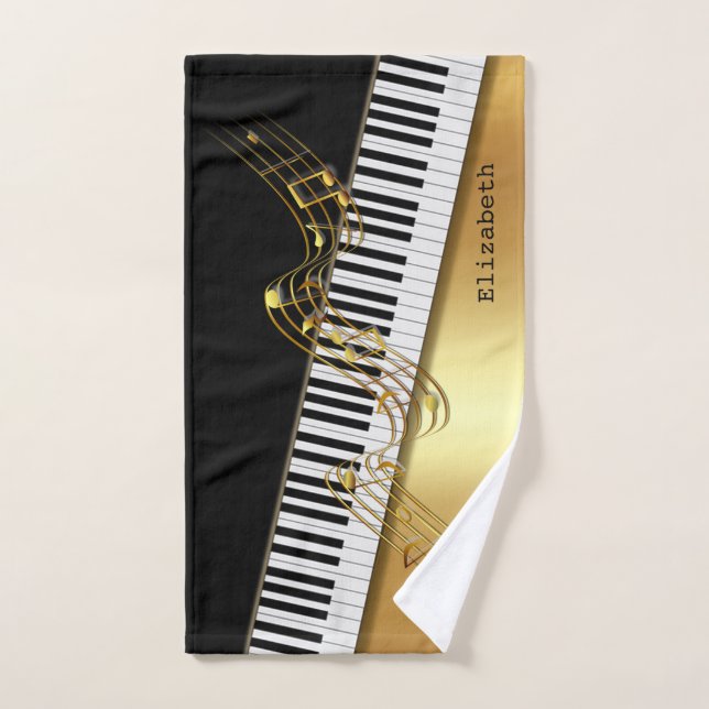Elegant Modern Black Gold Music Notes,Piano Keys  Bath Towel Set (Hand Towel)