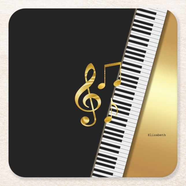 Elegant Modern Black Gold Music Notes,Piano Keys Square Paper Coaster (Front)