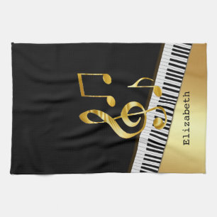 Elegant Modern Black Gold Music Notes,Piano Keys Tea Towel