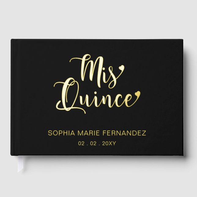 Elegant Modern Black Gold Photo Quinceañera Guest Book (Front)