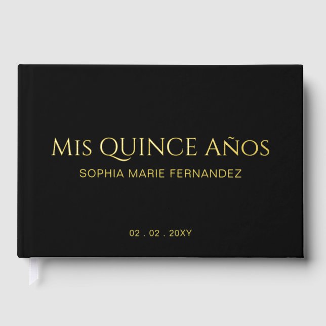 Elegant Modern Black Gold Quinceañera Guest Book (Front)