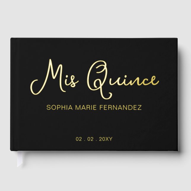 Elegant Modern Black Gold Quinceañera Guest Book (Front)