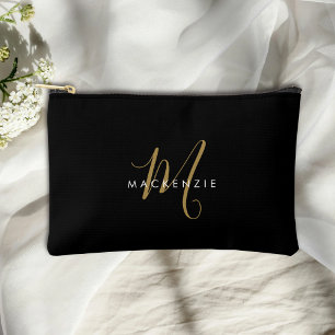 Elegant Modern Black Gold Script Monogram Accessory Pouch