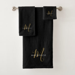 Elegant Modern Black Gold Script Monogram Bath Towel Set