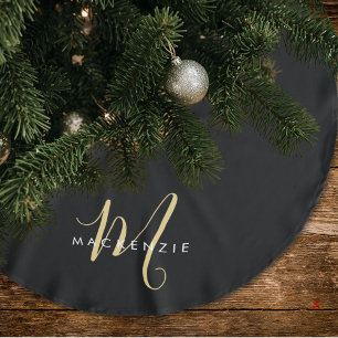 Elegant Modern Black Gold Script Monogram Brushed Polyester Tree Skirt