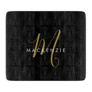 Elegant Modern Black Gold Script Monogram Cutting Board