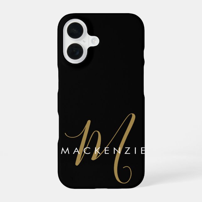 Elegant Modern Black Gold Script Monogram iPhone 16 Case (Back)