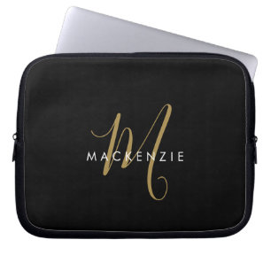 Elegant Modern Black Gold Script Monogram Laptop Sleeve