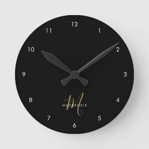 Elegant Modern Black Gold Script Monogram Round Clock
