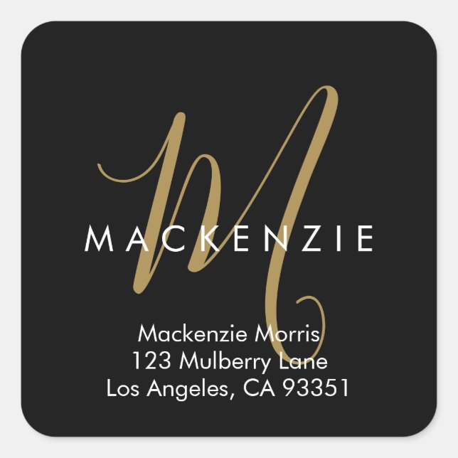 Elegant Modern Black Gold Script Monogram Square Sticker (Front)
