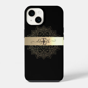 Elegant Modern Black Gold Stripe Floral Mandala iPhone 14 Case