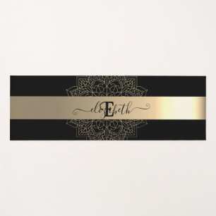 Elegant Modern Black Gold Stripe Floral Mandala Yoga Mat