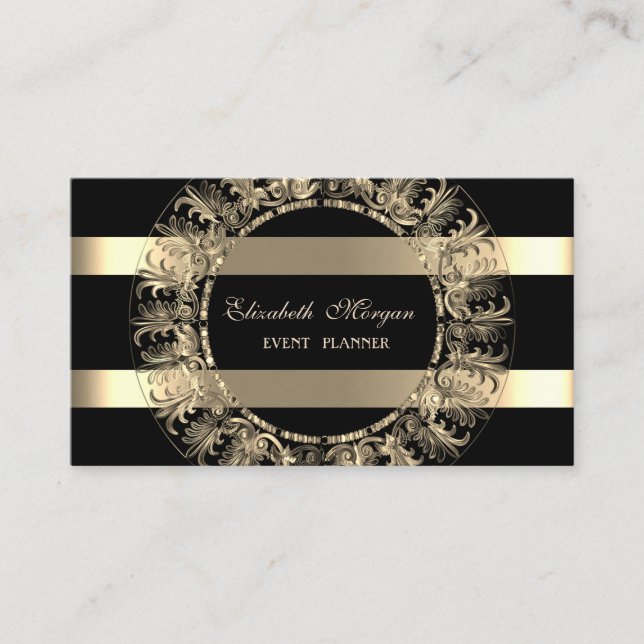 Elegant Modern,Black,Gold Striped,Frame Business Card (Front)