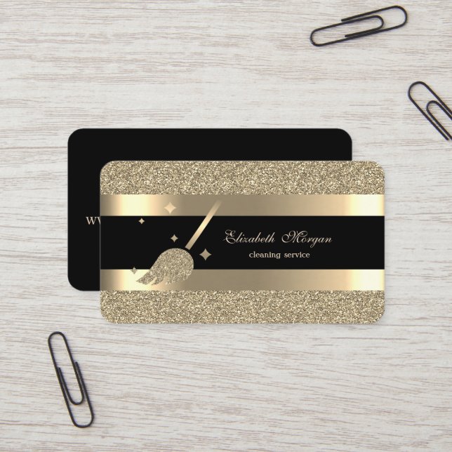 Elegant Modern, Black Gold Striped Glitter Broom Business Card (Front/Back In Situ)