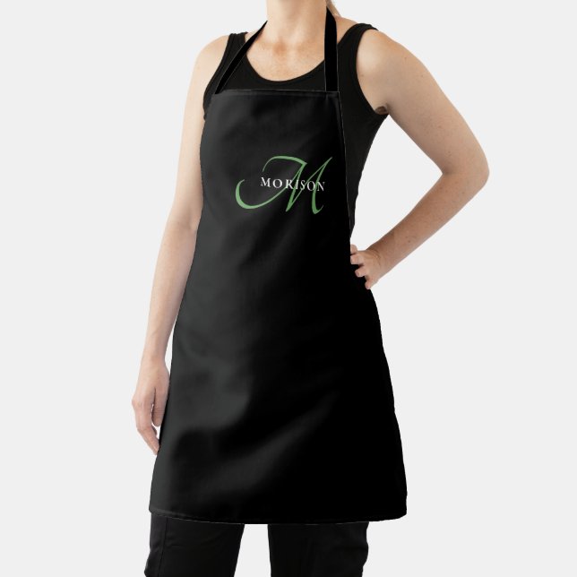 Elegant Modern Black Green Script Monogram Apron (Insitu)