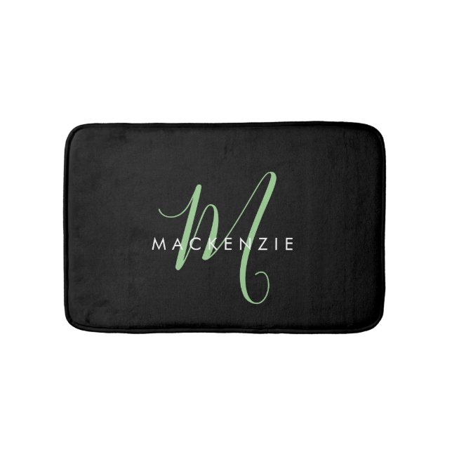 Elegant Modern Black Green Script Monogram Bath Mat (Front)