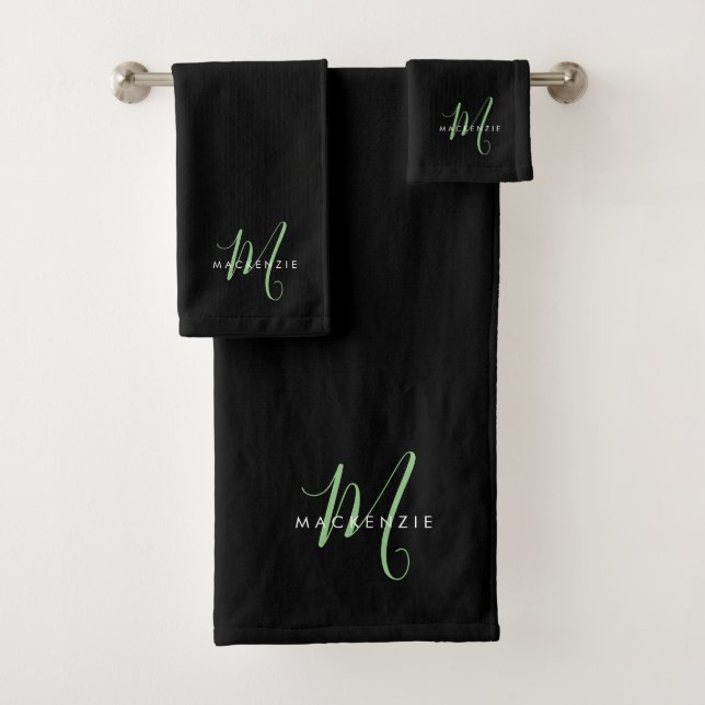 Elegant Modern Black Green Script Monogram Bath Towel Set (Insitu)