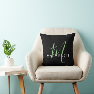 Elegant Modern Black Green Script Monogram Cushion
