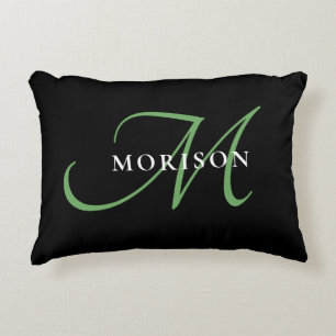 Elegant Modern Black Green Script Monogram Decorative Cushion