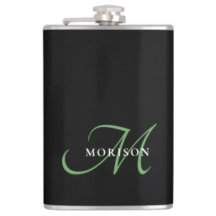 Elegant Modern Black Green Script Monogram Hip Flask