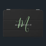 Elegant Modern Black Green Script Monogram iPad Mini Cover<br><div class="desc">Elegant Modern Black Green Script Monogram iPad Mini Cover.  An elegant green script monogram combined with a clean white san-serif font makes for a contemporary look.</div>