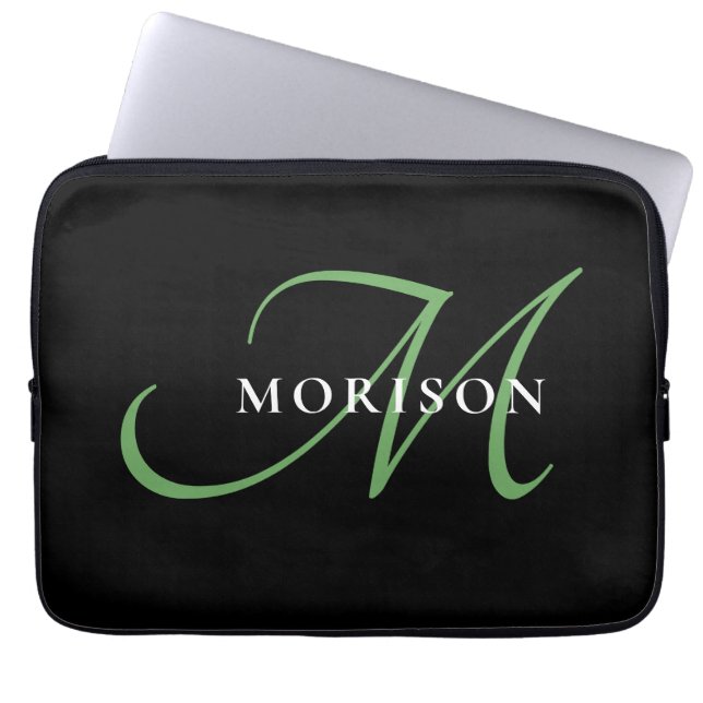 Elegant Modern Black Green Script Monogram Laptop Sleeve (Front)