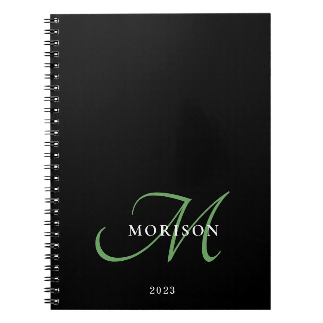 Elegant Modern Black Green Script Monogram Notebook (Front)