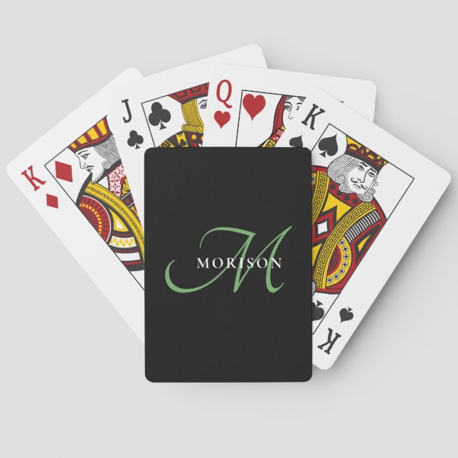 Elegant Modern Black Green Script Monogram Playing Cards (Back)