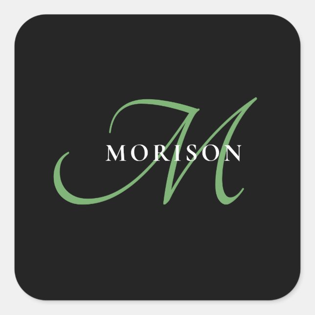 Elegant Modern Black Green Script Monogram Square Sticker (Front)