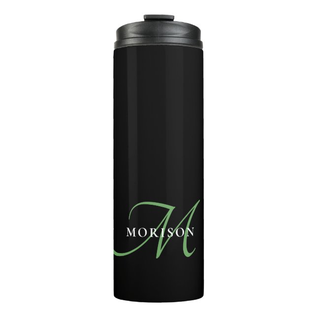 Elegant Modern Black Green Script Monogram Thermal Tumbler (Front)