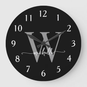 Elegant Modern Black Grey Monogram Name Script Large Clock