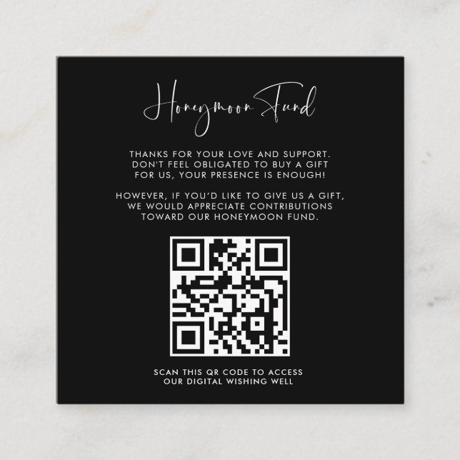 Elegant & Modern Black Honeymoon fund QR code Enclosure Card (Front)