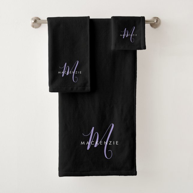 Elegant Modern Black Lavender Script Monogram Bath Towel Set (Insitu)
