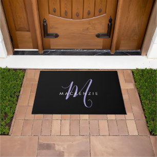 Elegant Modern Black Lavender Script Monogram Doormat