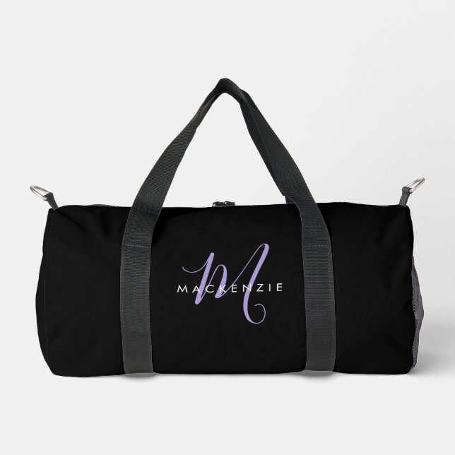 Elegant Modern Black Lavender Script Monogram Duffle Bag (Front)
